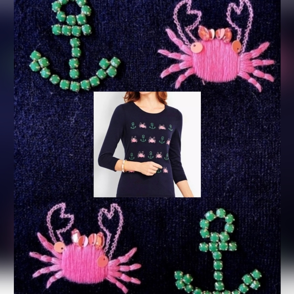 Talbots Embellished Sweater Sequin Crabs Gem Anchors XL Cotton